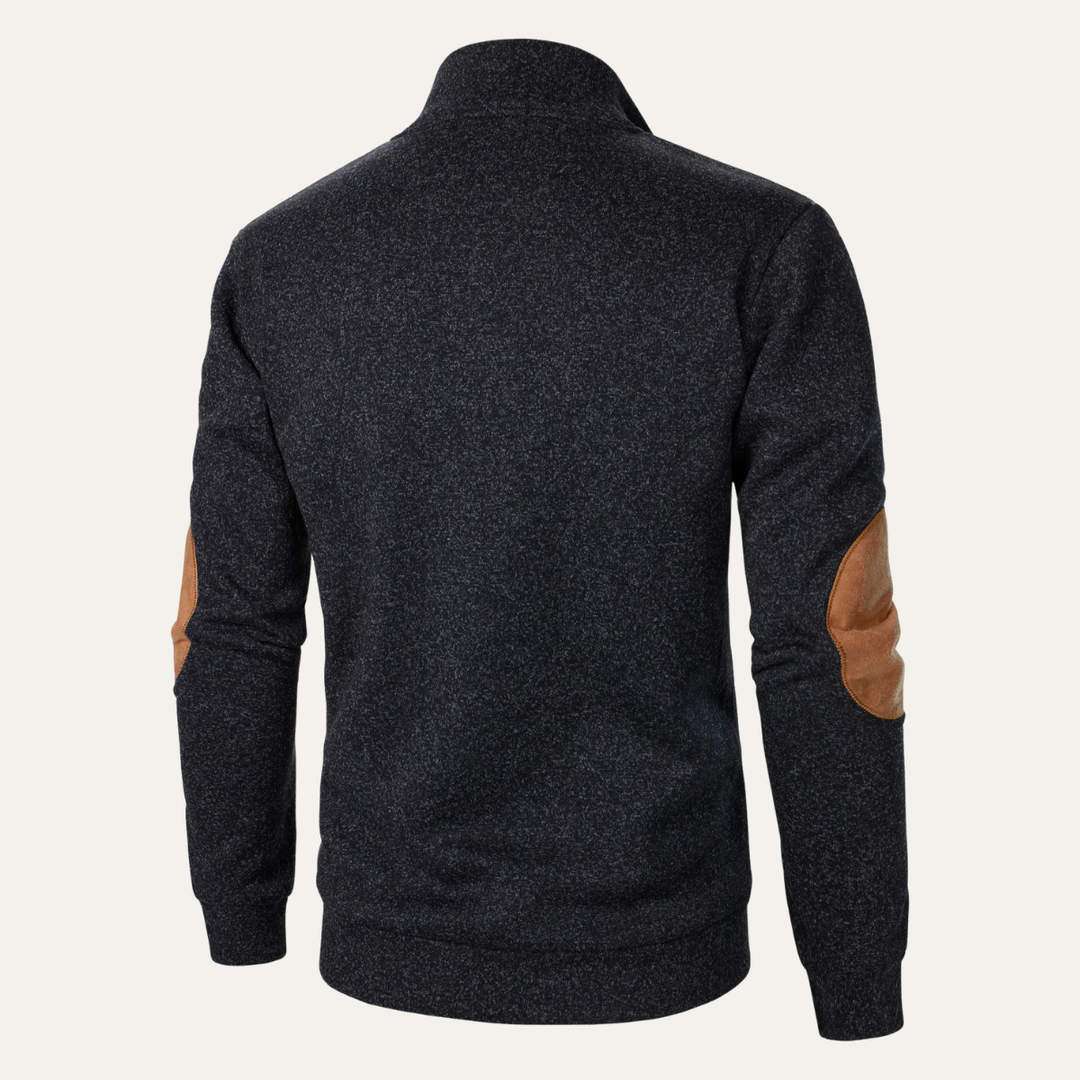 The Oakcrest Men's Stand Collar Fleece Sweater with Suede Elbow Patches