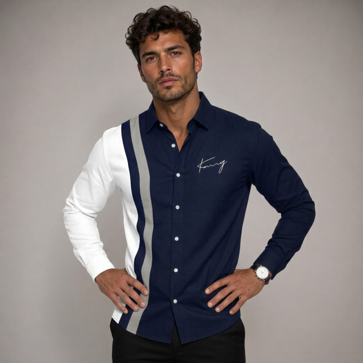 The Manarola Men’s Casual Color Block Striped Dress Shirt