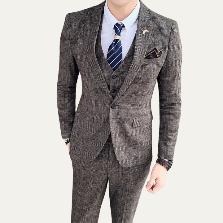 The Vigevano Men’s Plaid 3 Piece Suit – Blazer Vest and Pants Formal Set