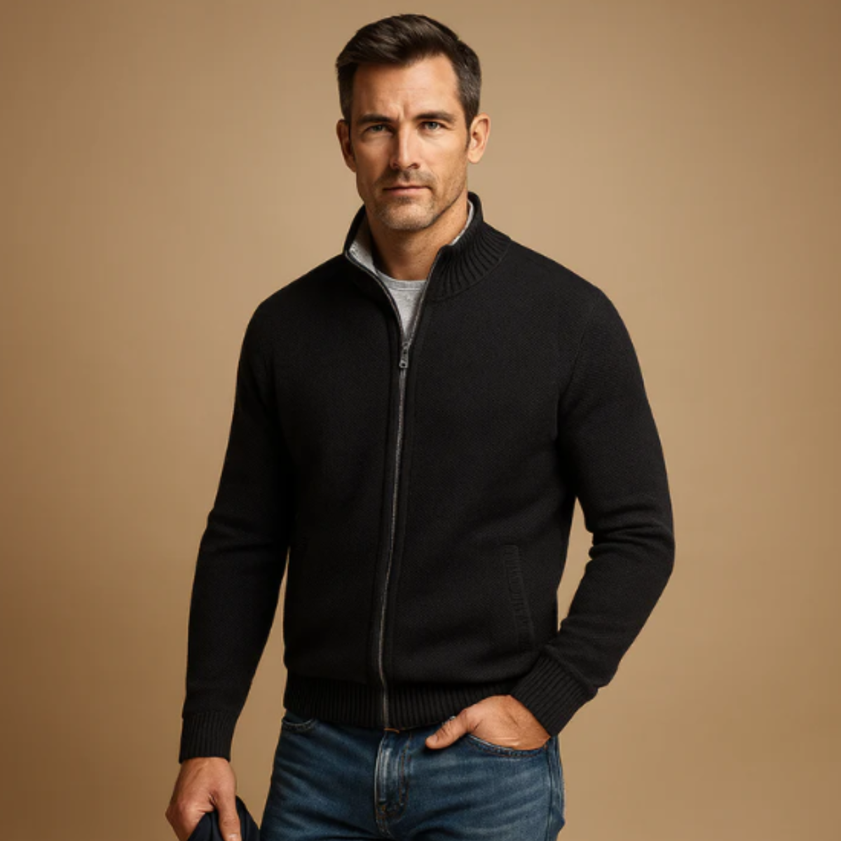 The Glenwood Men’s Classic Knitted Zip Cardigan with Stand Collar