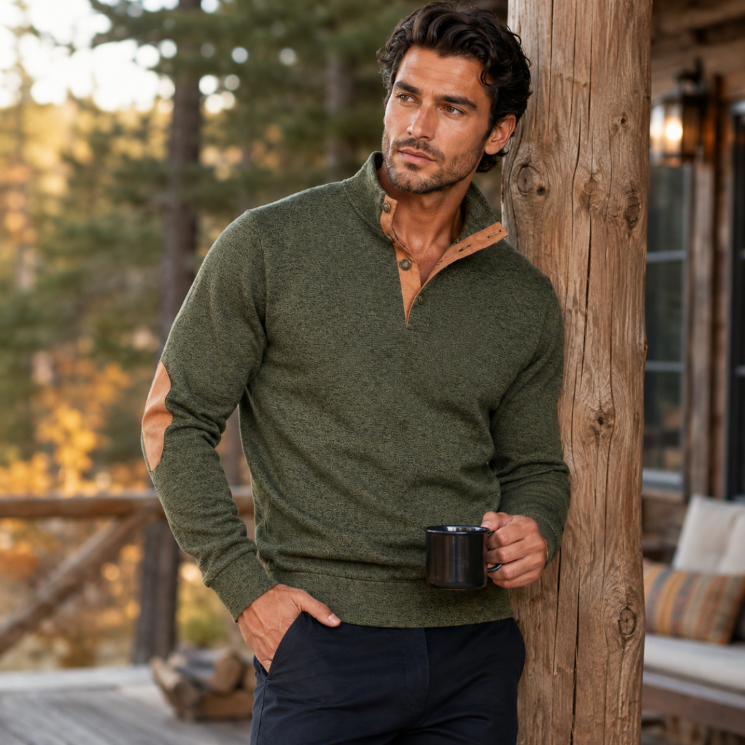 The Oakcrest Men's Stand Collar Fleece Sweater with Suede Elbow Patches