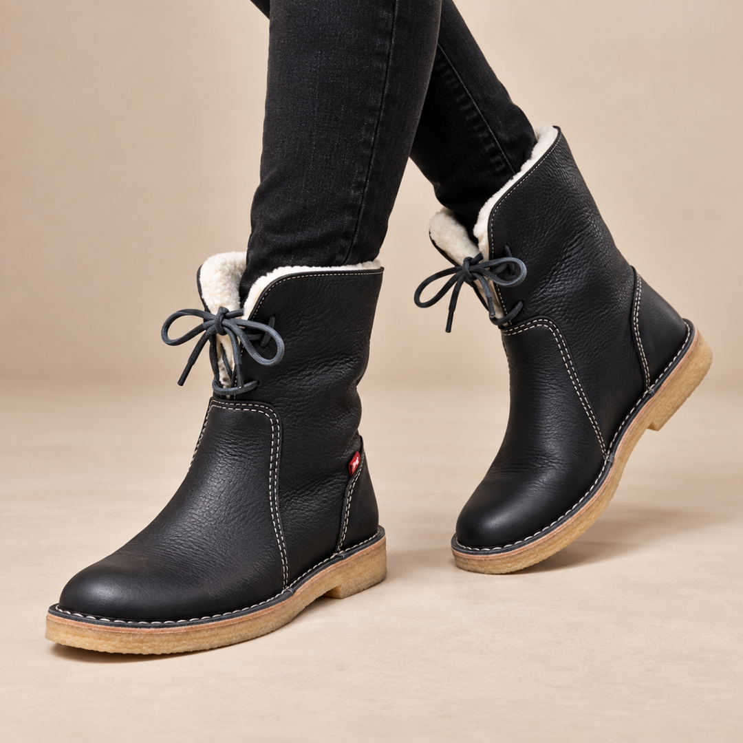 Women's Black Leather Waterproof Winter Boots