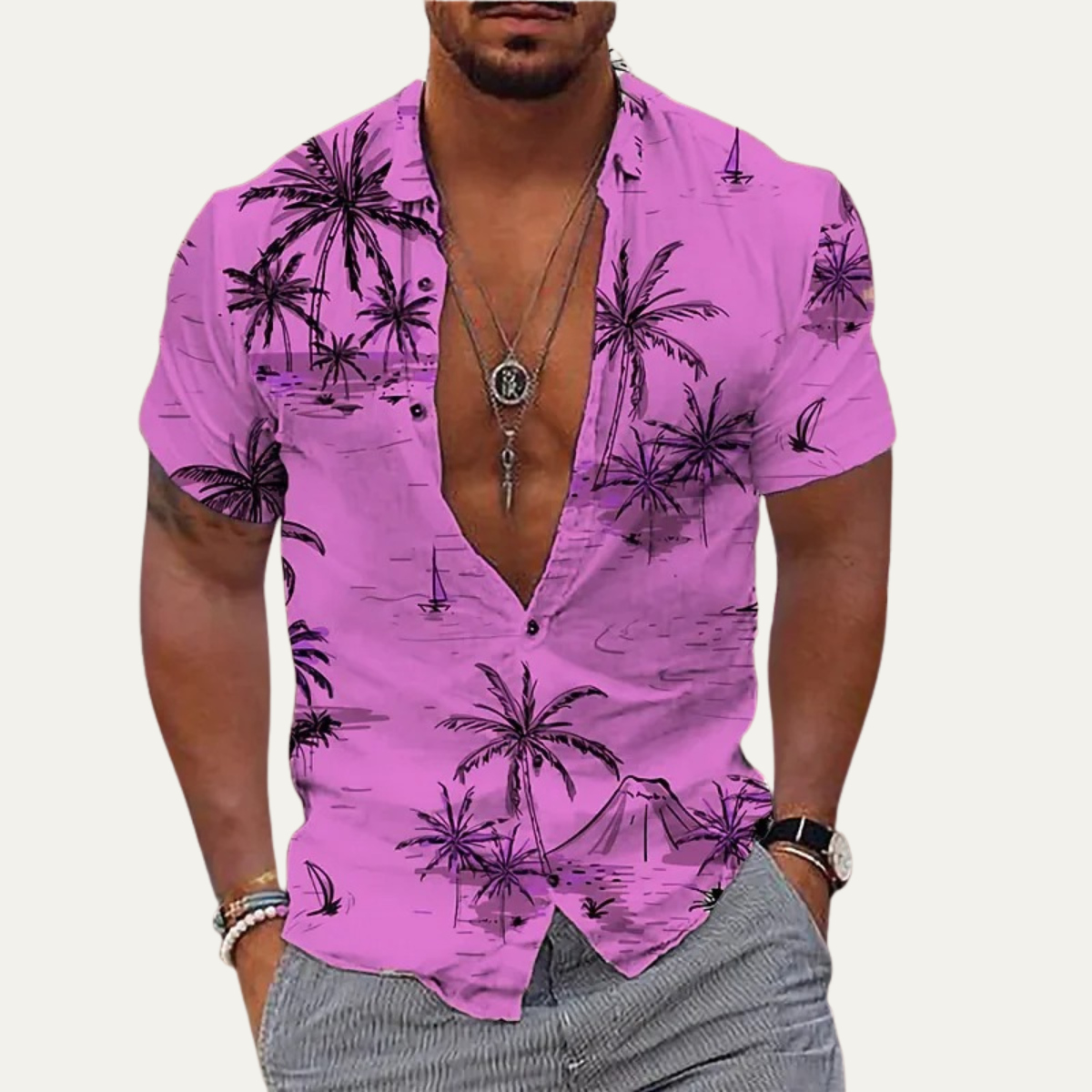 The Cedarforest Men’s Casual Tropical Coconut Print Hawaiian Beach Shirt