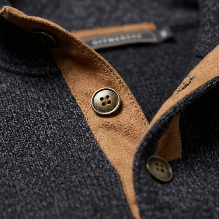 The Oakcrest Men's Stand Collar Fleece Sweater with Suede Elbow Patches