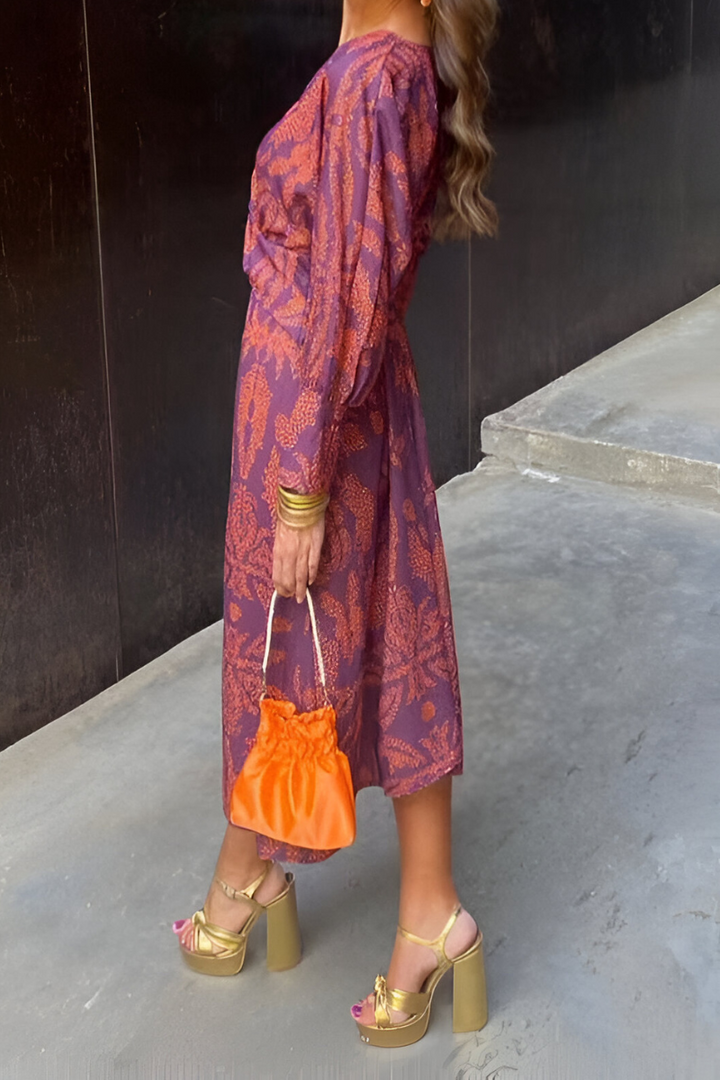 Women's Floral Midi Dress with Twist Waist