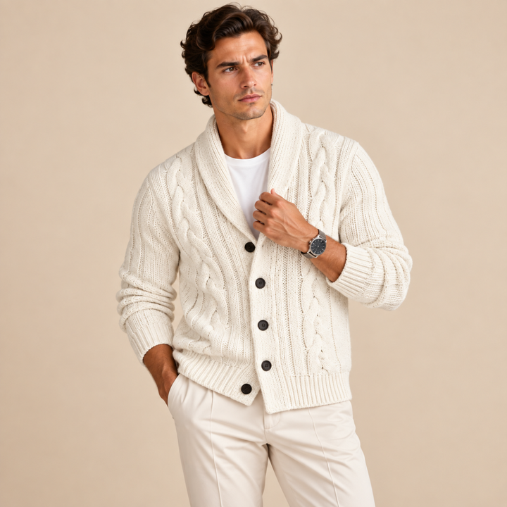 The Rome Men’s Casual Button Up Cable Knit Shawl Collar Cardigan