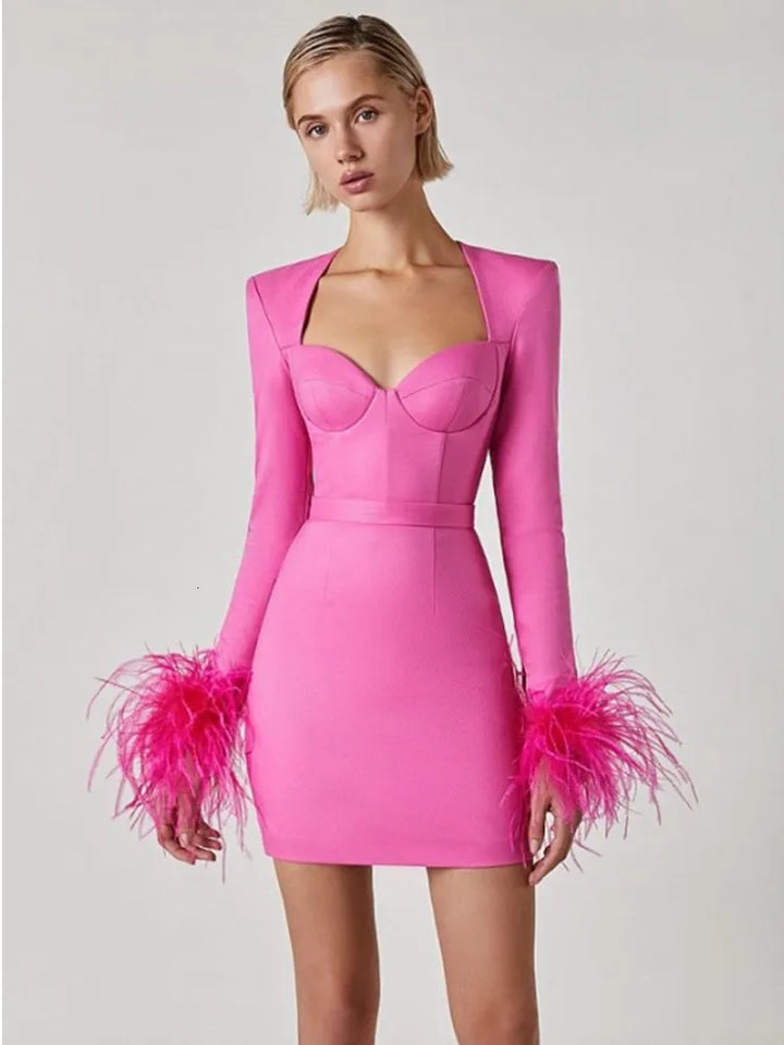 Women's Corset Mini Dress with Feather Cuffs
