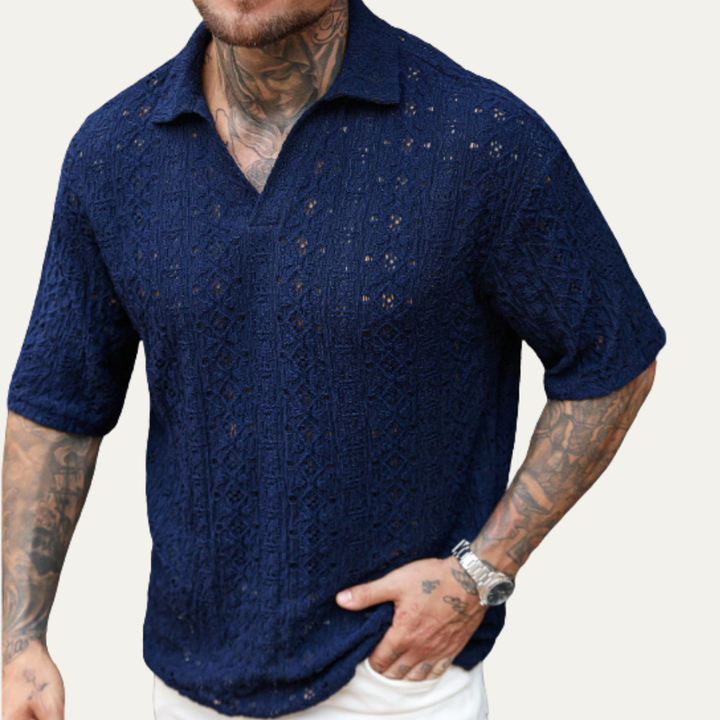 The Glenridge Hill Men’s Bohemian Crochet Mesh Linen Shirt – Navy Blue