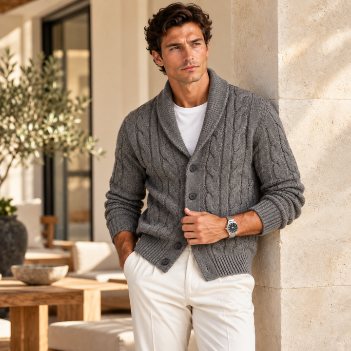 The Rome Men’s Casual Button Up Cable Knit Shawl Collar Cardigan