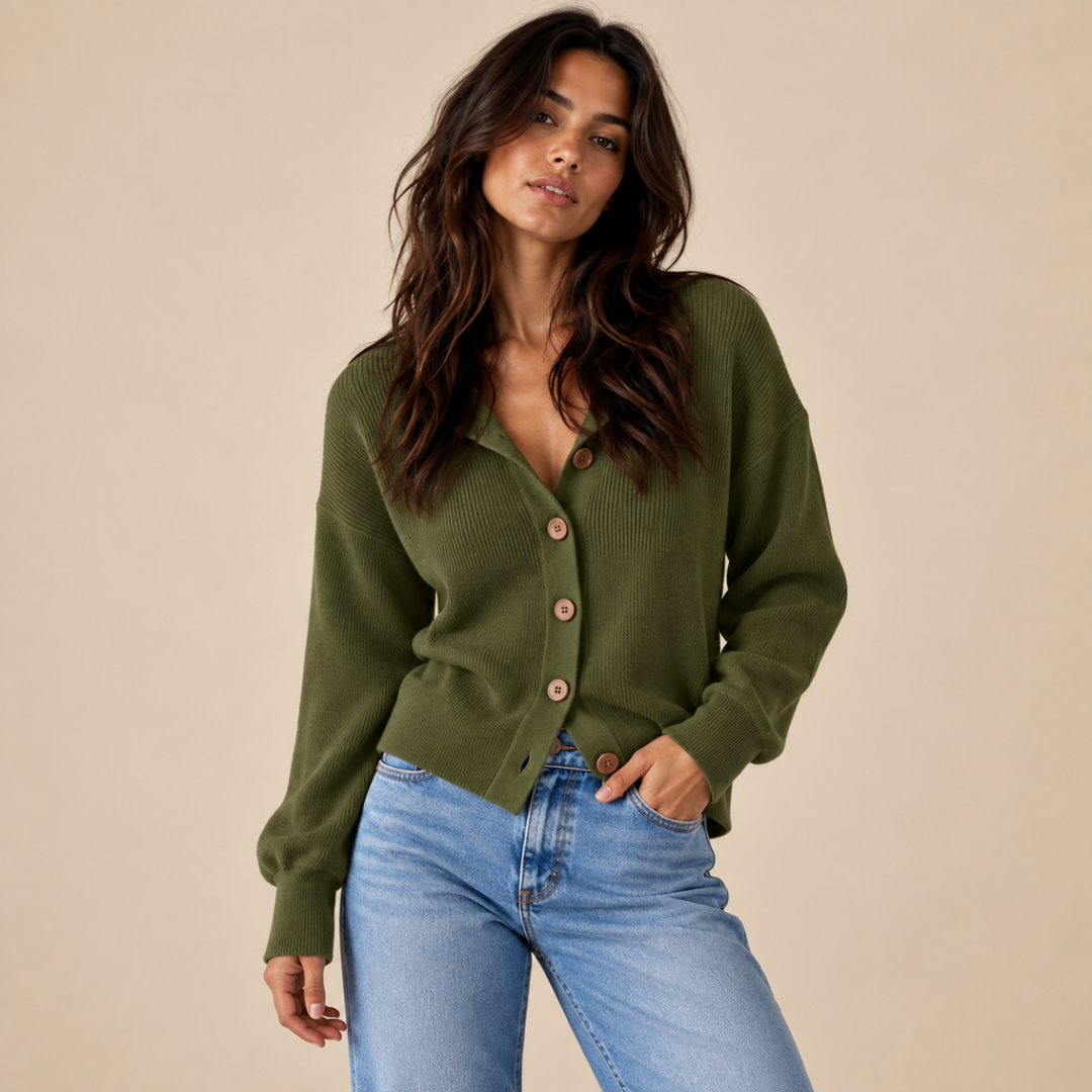 Women's V Neck Cardigan with Collared Neckline