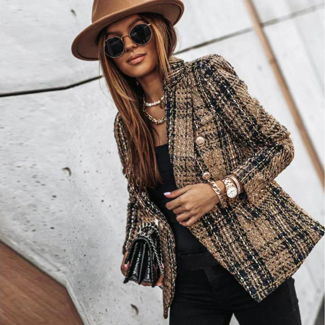 Women's Plaid Tweed Jacket with Gold Buttons