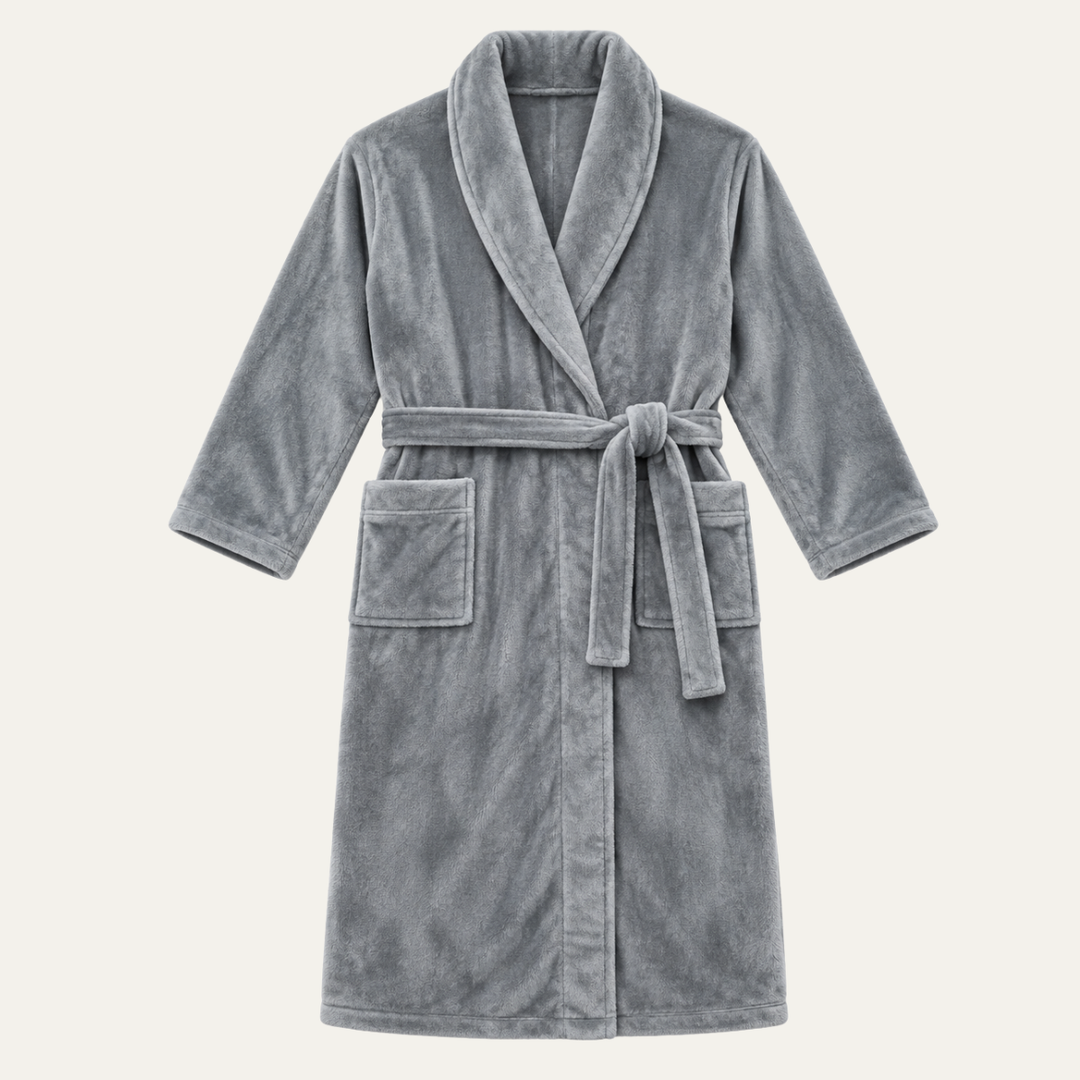 The Hungerford Men's Gray Fleece Hooded Bathrobe with Belt and Pockets
