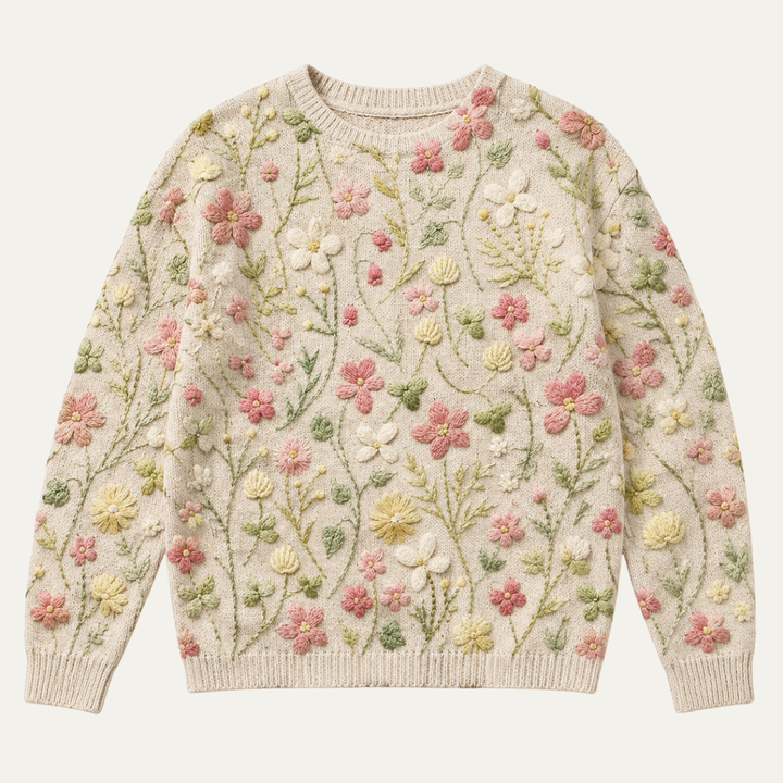 Women's Floral Embroidered Sweater with Crew Neck