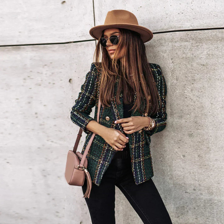 Women's Plaid Tweed Jacket with Gold Buttons