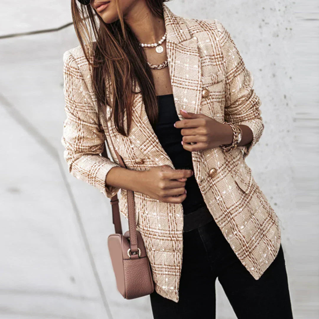 Women's Plaid Tweed Jacket with Gold Buttons