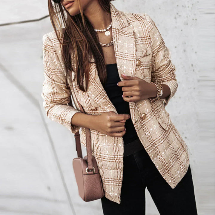 Women's Plaid Tweed Jacket with Gold Buttons