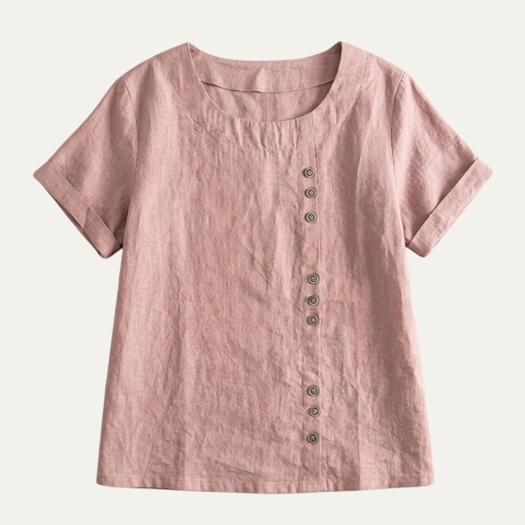 Women's Round Neck Short Sleeve Top with Button Detail