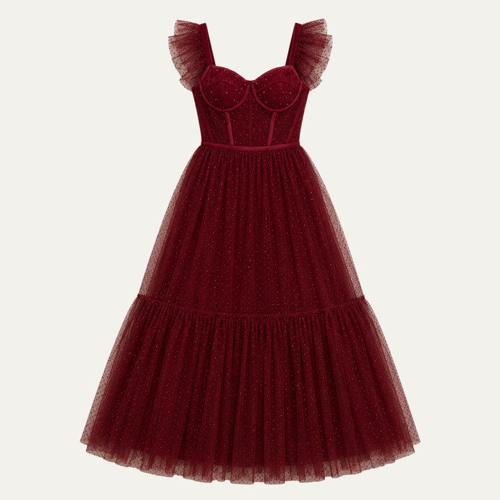 Women's Corset Maxi Party Dress with Tulle Ruffle Sleeves