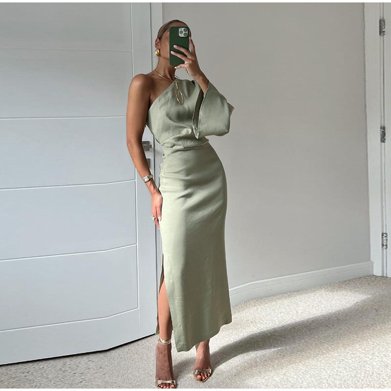 Women's Pleated One Shoulder Dress with Slit