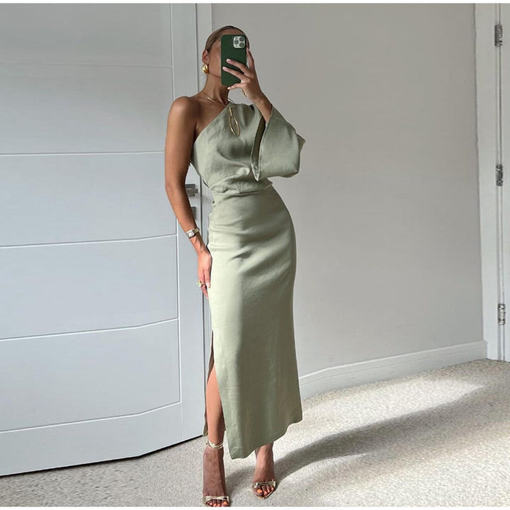 Women's Pleated One Shoulder Dress with Slit