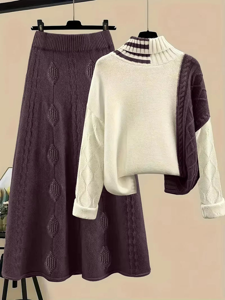 Women's Color Block Turtleneck Sweater & A Line Midi Skirt Set