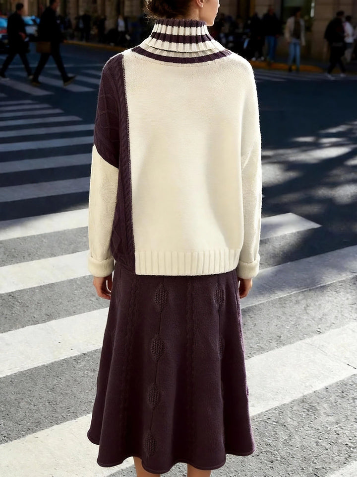 Women's Color Block Turtleneck Sweater & A Line Midi Skirt Set