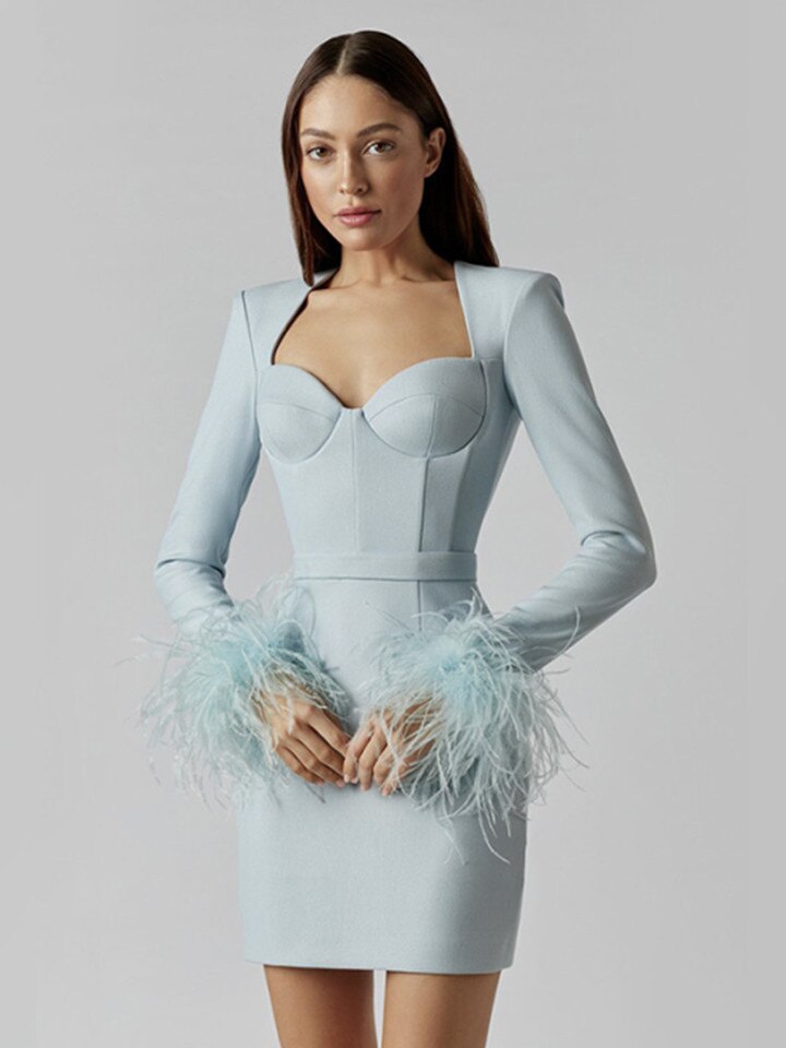 Women's Corset Mini Dress with Feather Cuffs