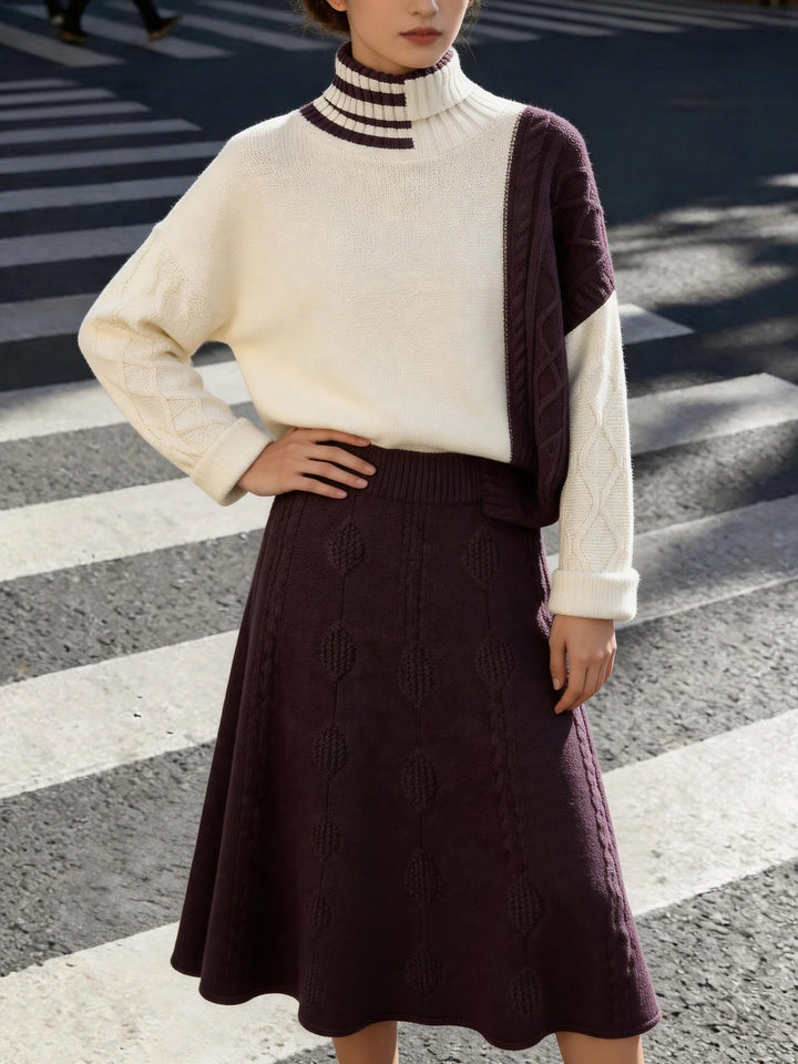Women's Color Block Turtleneck Sweater & A Line Midi Skirt Set