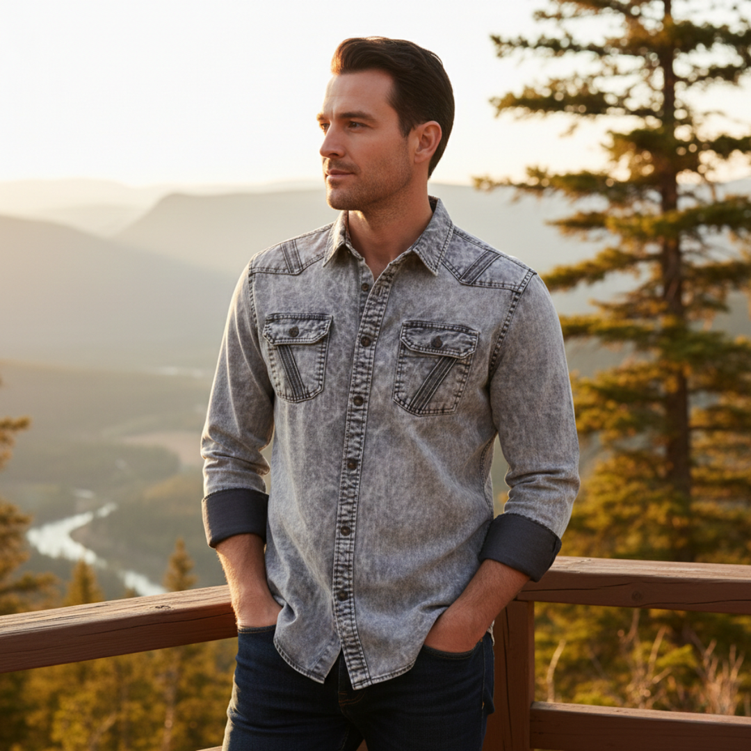 The Windcrest Men’s Casual Button Up Vintage Denim Shirt