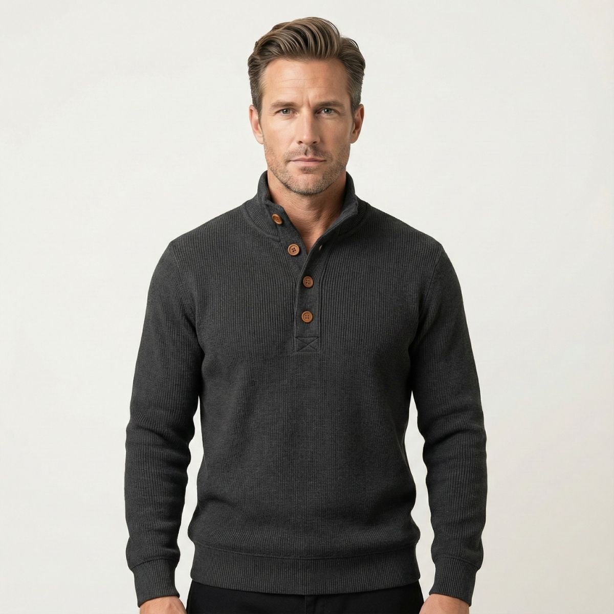 The Waldorf Men’s Gray Luxury Button Neck Knit Sweater