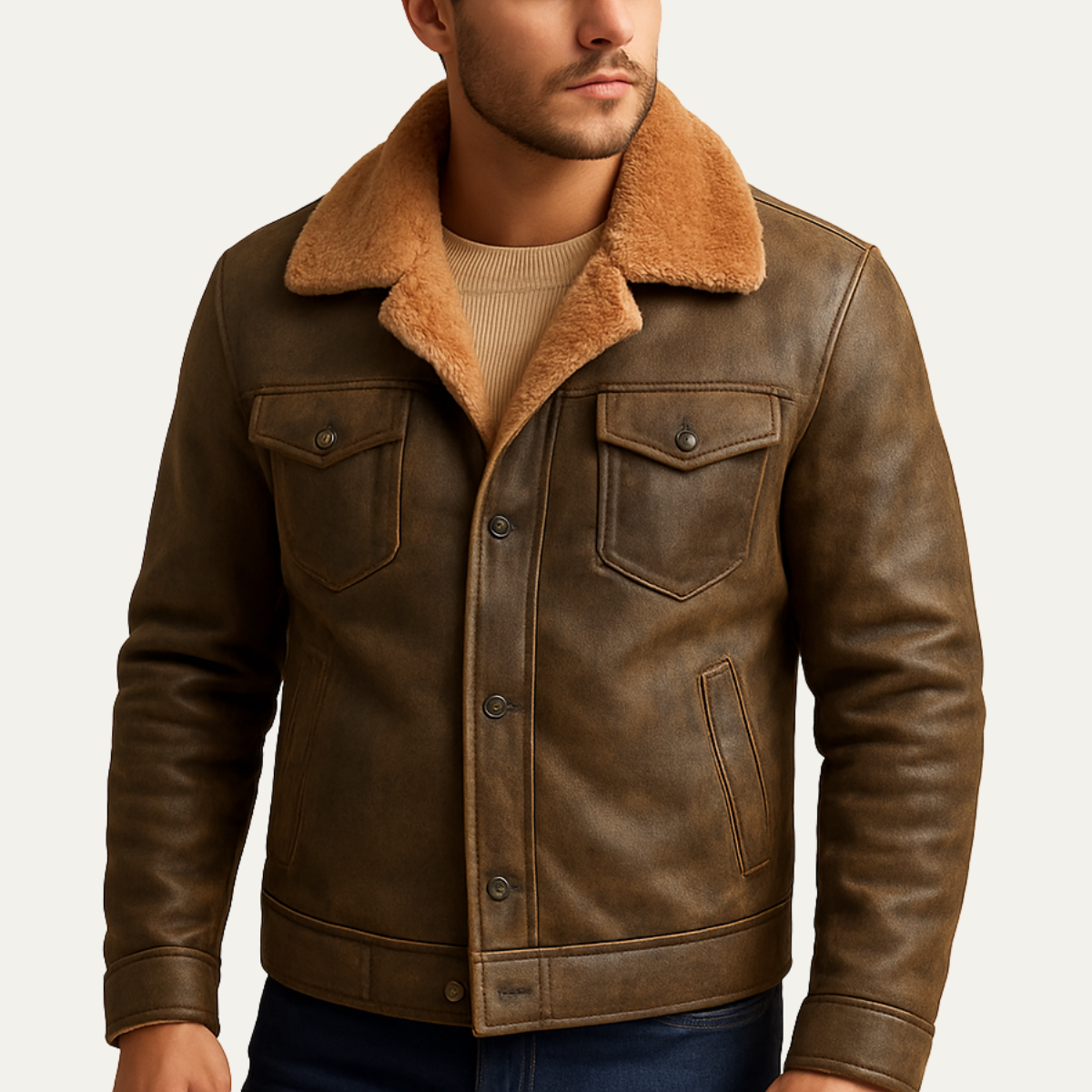 The Breuil Men’s Winter Shearling Biker Leather Jacket