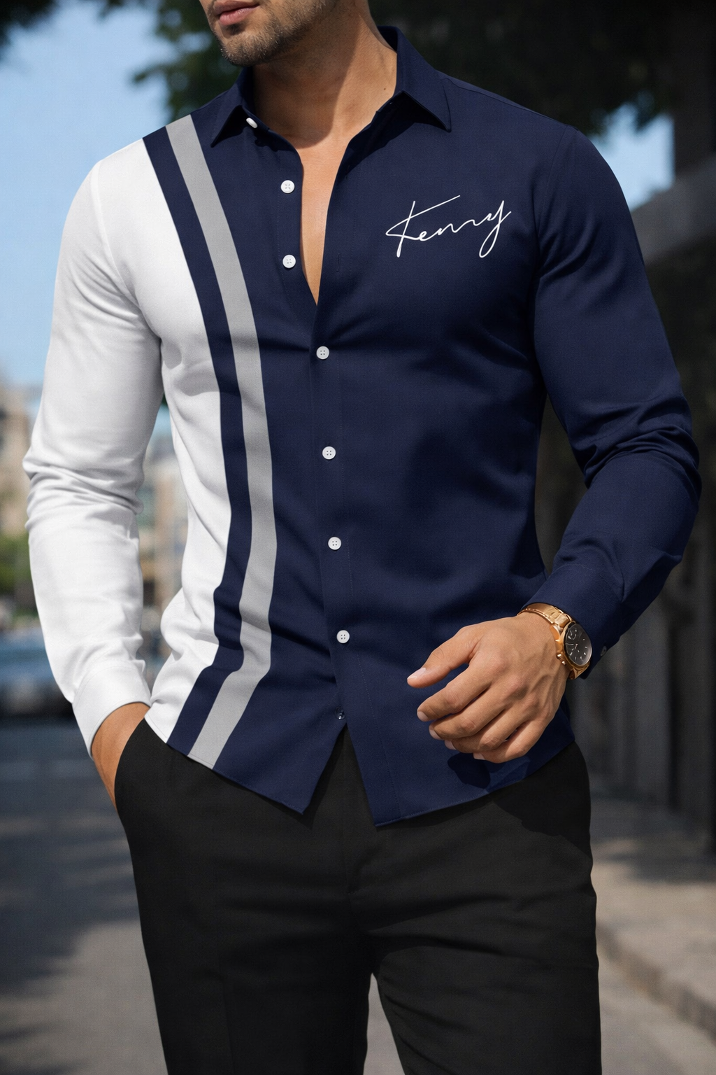 The Como Men’s Trendy Color Block Striped Dress Shirt
