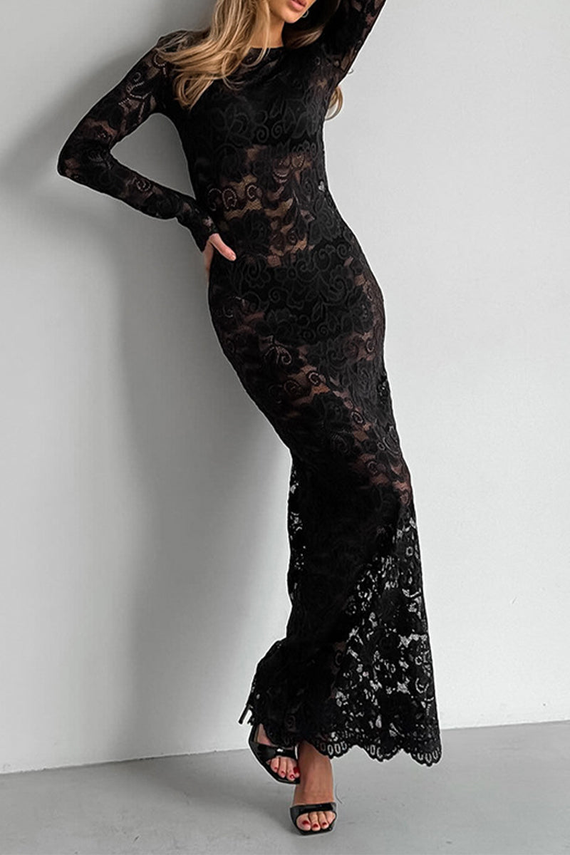 Women's Sheer Black Lace Maxi Dress
