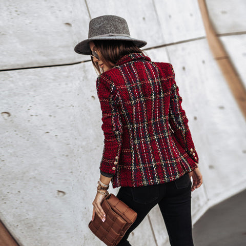 Women's Plaid Tweed Jacket with Gold Buttons