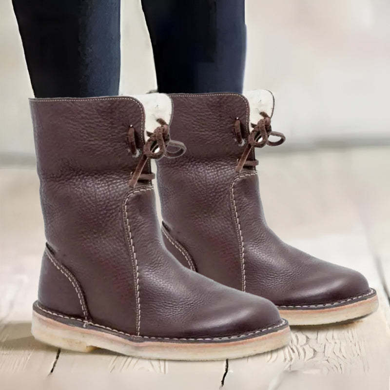 Women's Black Leather Waterproof Winter Boots