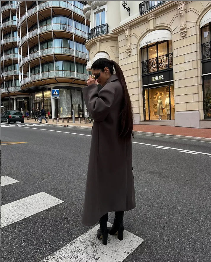 Women's Long Wool Blend Coat – Oversized Double Breasted Winter Overcoat