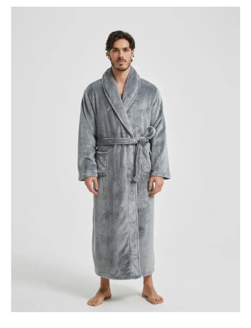 The Hungerford Men's Gray Fleece Hooded Bathrobe with Belt and Pockets