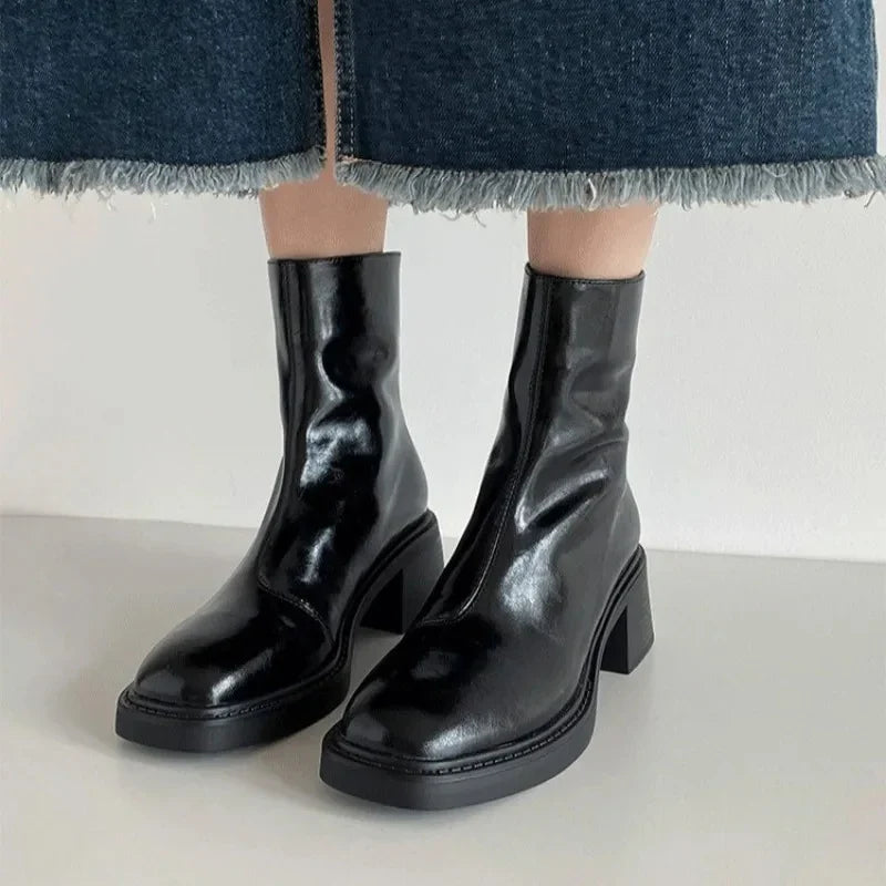 Square Toe Block Heel Ankle Boots for Women