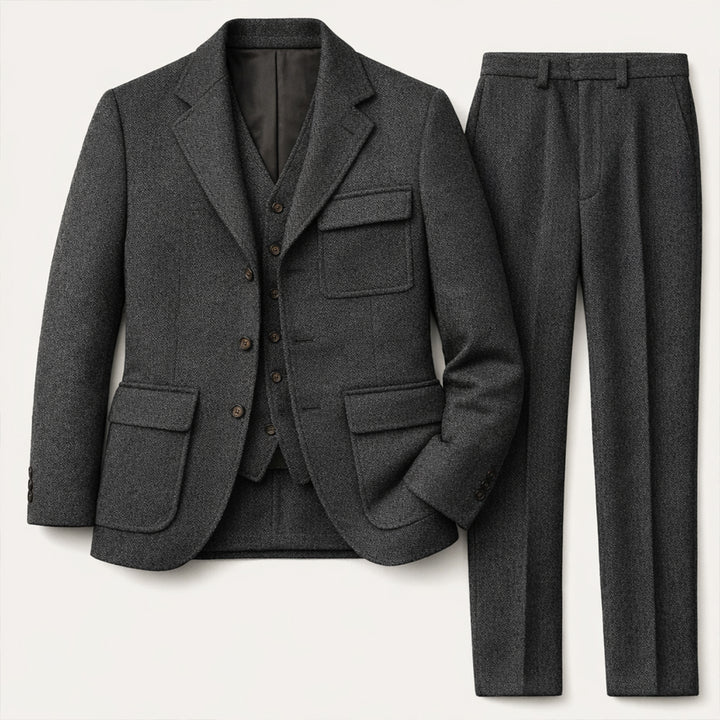 The Portofino Men’s Elegant 3 Piece Tweed Suit – Herringbone Blazer, Waistcoat & Pants