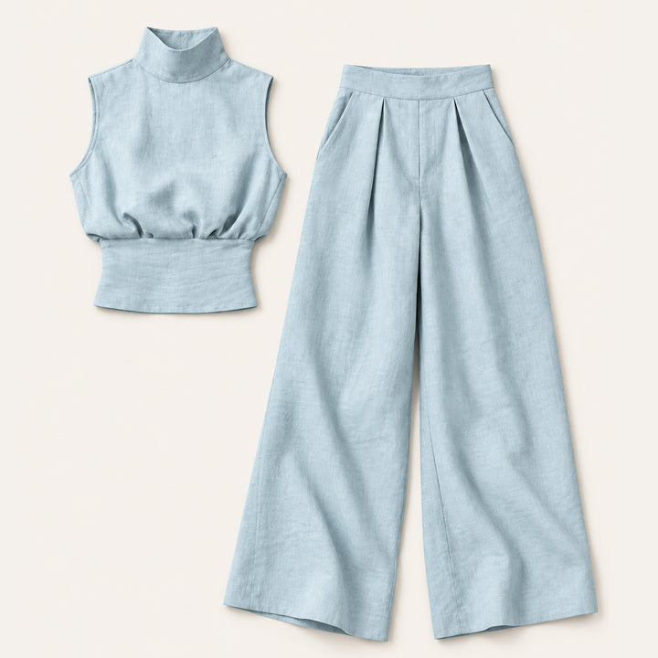 Women's Chic Sleeveless Blouse and Wide Leg Trousers Set