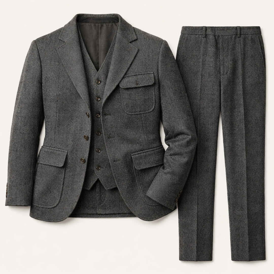 The Portofino Men’s Elegant 3 Piece Tweed Suit – Herringbone Blazer, Waistcoat & Pants