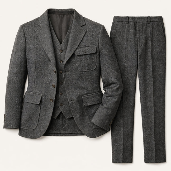 The Portofino Men’s Elegant 3 Piece Tweed Suit – Herringbone Blazer, Waistcoat & Pants
