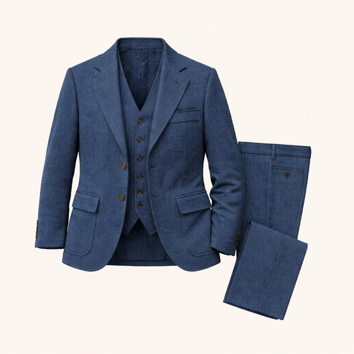 The Como Men’s Smart 3 Piece Tweed Suit – Herringbone Blazer, Waistcoat & Pants