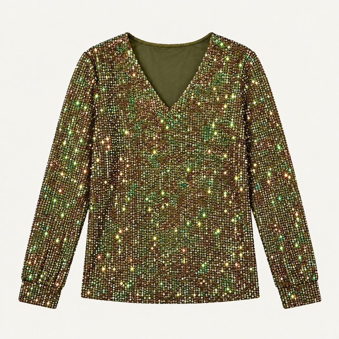 Women's Glitter V Neck Long Sleeve Top