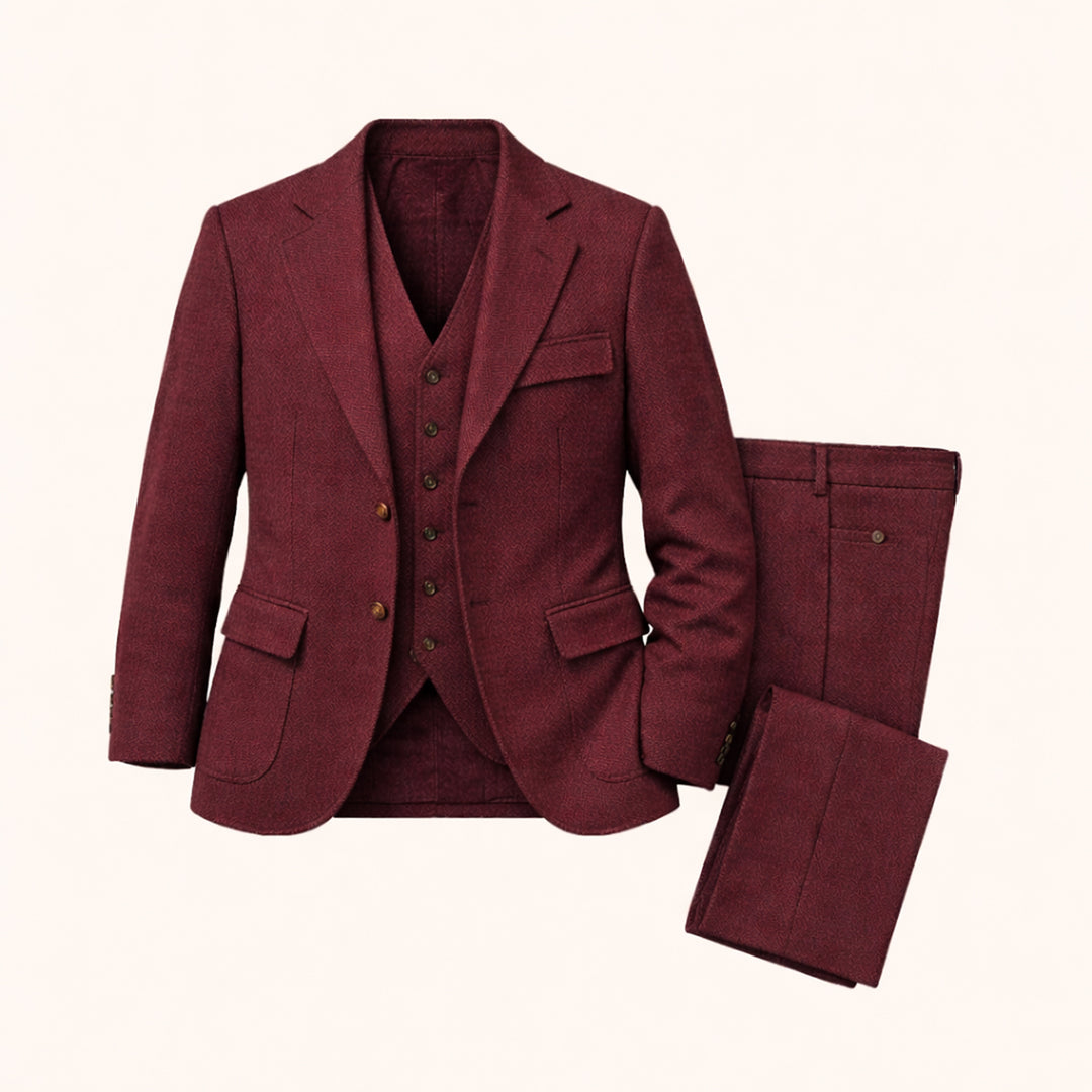 The Como Men’s Smart 3 Piece Tweed Suit – Herringbone Blazer, Waistcoat & Pants