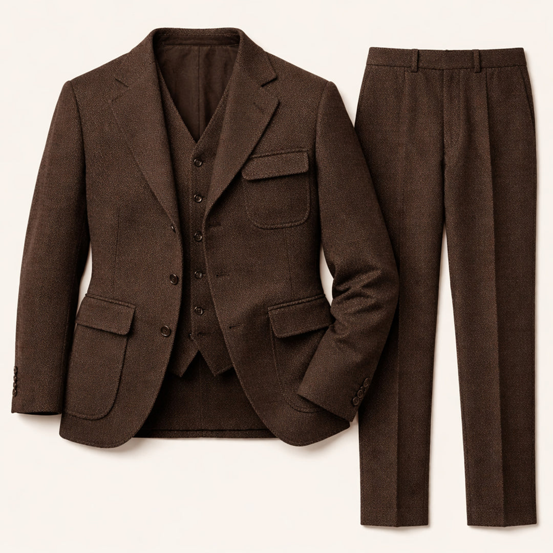 The Portofino Men’s Elegant 3 Piece Tweed Suit – Herringbone Blazer, Waistcoat & Pants