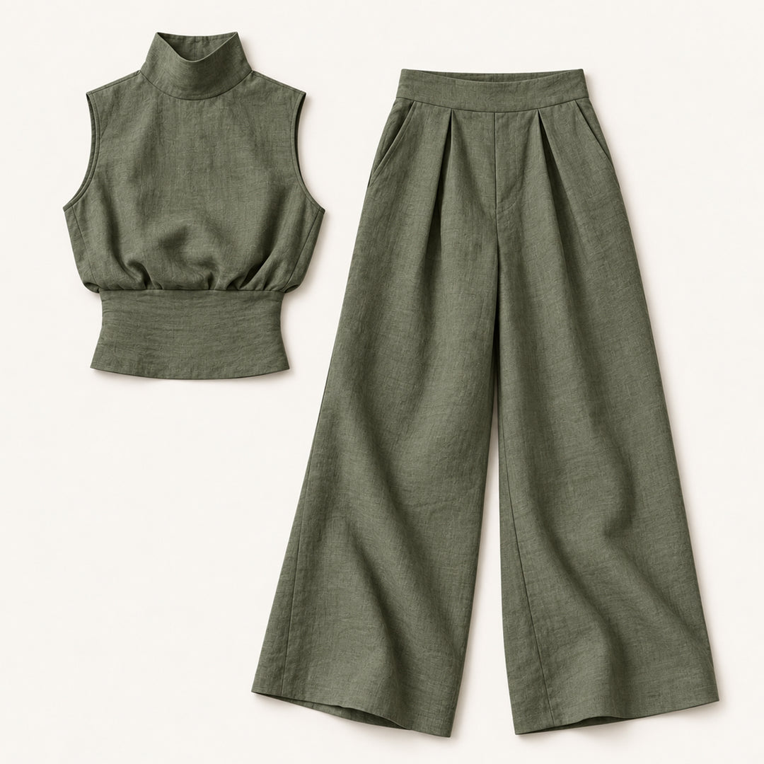 Women's Chic Sleeveless Blouse and Wide Leg Trousers Set