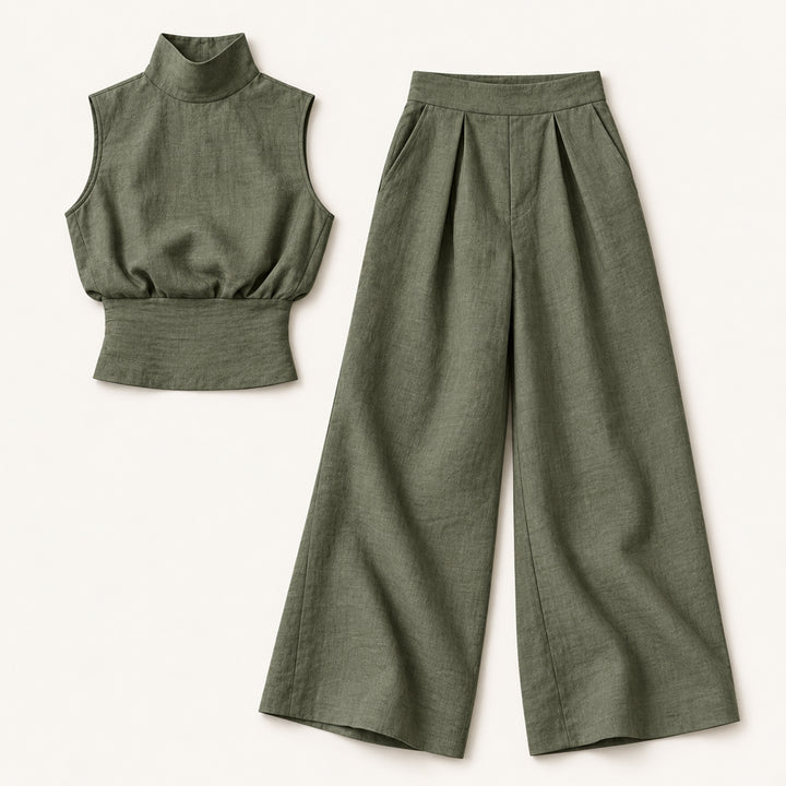 Women's Chic Sleeveless Blouse and Wide Leg Trousers Set