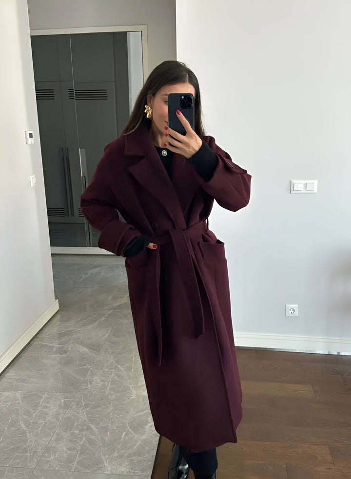 Women's Burgundy Long Wool Blend Trench Coat – Belted Double Breasted Winter Overcoat