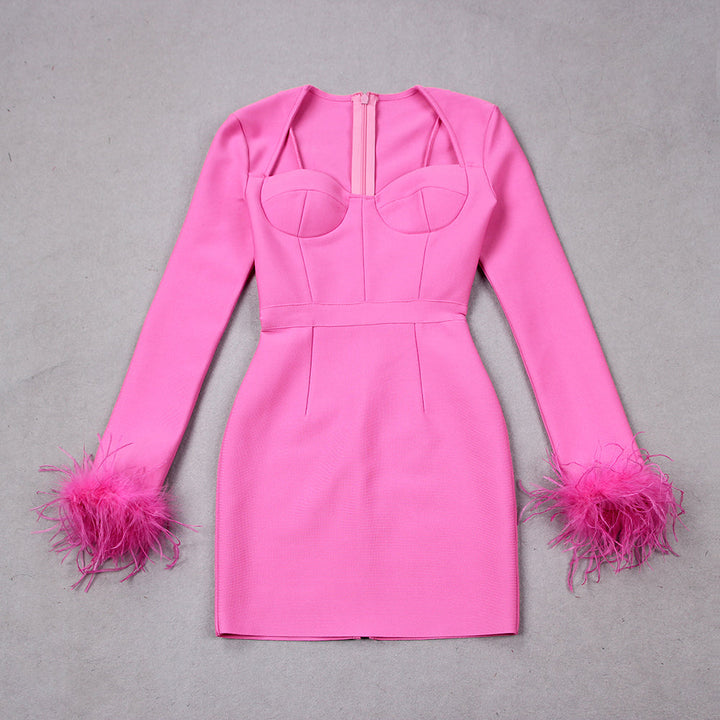 Women's Corset Mini Dress with Feather Cuffs